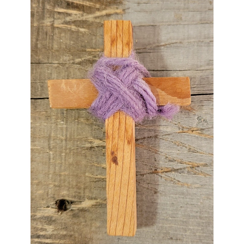 VINTAGE WOODEN CROSS PENDANT With Purple Wrap 3 Inches Large